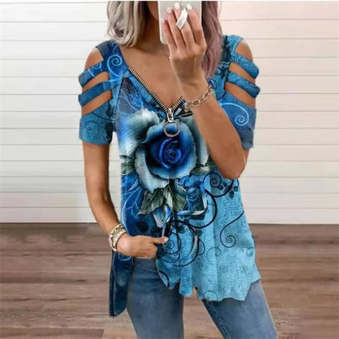 Elegant Large Rose Print T-Shirt Women Summer Hollow Out Splicing Short Sleeve Tops Fashion Loose V Neck Zipper Female Tees 2024